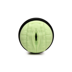 Front-facing view of green textured reptile-skin patterned stroker opening inside black housing