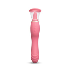 Front-facing view of Le Wand Lick showing control buttons on pink silicone handle