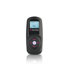 Front-facing view of Mystim Cluster Buster handheld eStim device showing ON/+, SET, CH and OFF/- buttons