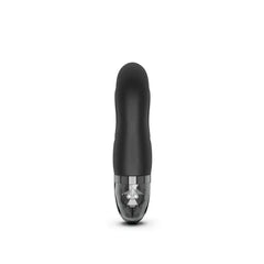 Front-facing close-up of Mystim Hop Hop Bob black silicone vibrator with magnetic base