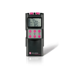 Front-facing view of Mystim Tension Lover showing LCD display reading 120µs and 85Hz settings
