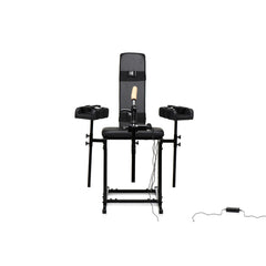 Front-facing view of obedience chair in upright seated position with thrusting machine centered and attached