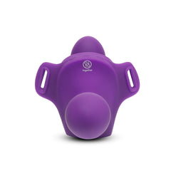 Front-facing view of purple silicone dildo base showing loop slots and internal stimulation bulb detail