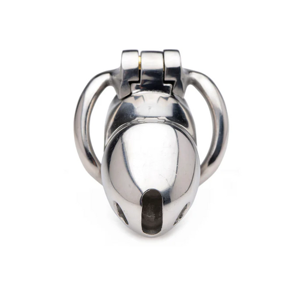 Front-facing view of Rikers stainless chastity cage showing ventilation slot and hinge