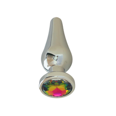 Front-facing view of silver metal flared plug showing tapered shape and multicolour gem