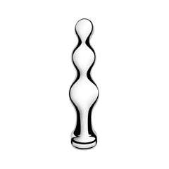 Front-facing view of stainless steel anal beads displaying three graduated bead segments