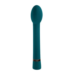Front-facing view of teal vibrator highlighting single control button near base