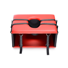 Front-facing top view of the Queening Chair displaying the oval cutout and black padded insert detail