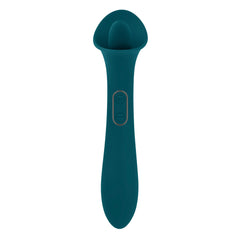 Front-facing view of True Indulgence vibrator displaying oval cup tip and dual control panel