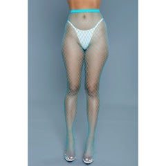 Front-facing view of turquoise large-gauge fishnet pantyhose with matching wide elastic waistband