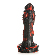 Front-facing upright view of the Reaper Dildo showing black-dominant coloring with red lava accents