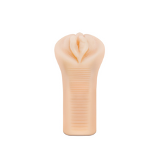 Front-facing view of Veronika beige stroker showing detailed sculpted exterior and horizontal ribbed grip