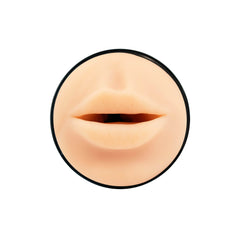 Close-up front view of Feel Stroker realistic lip-textured soft silicone opening in black ring