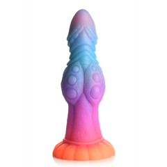 Front view of the Galactic Cock dildo displaying bubble-textured body and rainbow gradient colouring
