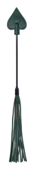 Close-up front view of green faux leather spade tip and tassel falls on black rod