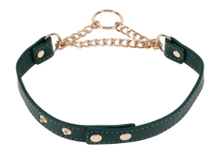 Front view of green polyurethane day collar with double gold chain loop and center O-ring