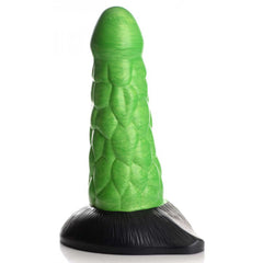 Front view of green scaly silicone dildo showing detailed scale texture and smooth tip