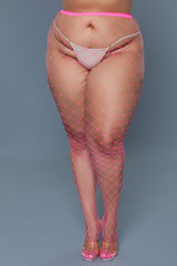 Front view of hot pink fishnet pantyhose with oversized diamond mesh worn with clear heels, plus size
