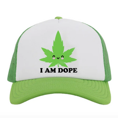 Front view of I Am Dope snap-back cap featuring smiling leaf print on structured white foam panel