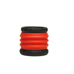 Front view of Jock black and red silicone rings stacked, showing ribbed exterior detail
