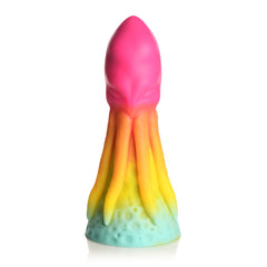 Front view of King Kraken dildo showing tentacle-textured shaft in full rainbow gradient