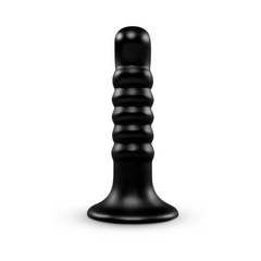 Close-up front view of Krush ribbed black dildo highlighting ring texture detail