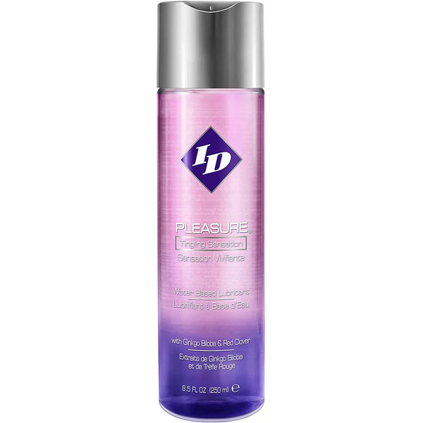 Front label of ID Pleasure lubricant showing Ginkgo Biloba and Red Clover ingredients