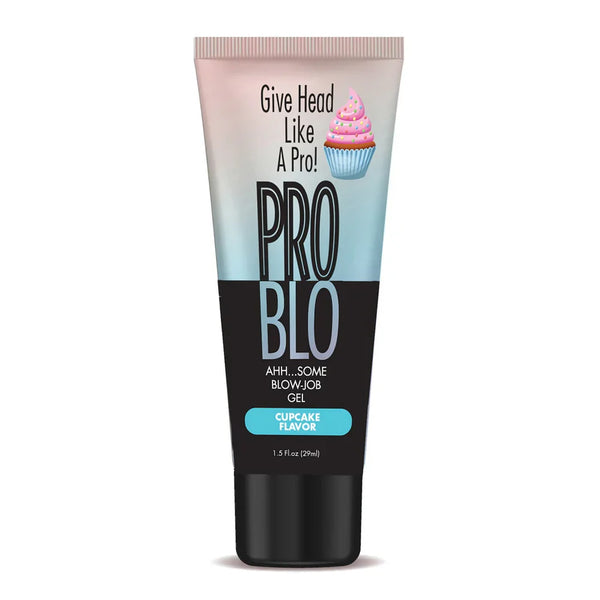 Front label of Little Genie Problo flavored intimacy gel tube showing cupcake scent, 29ml size