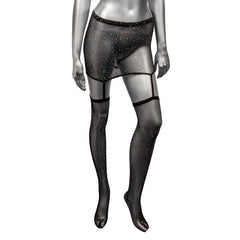 Front mannequin view of black fishnet garter skirt with thigh highs showing open garter panel detail