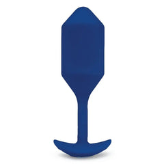 Front view of navy blue weighted silicone plug showing tapered tip and anchor base