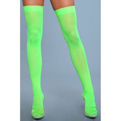 Front view of neon green opaque thigh-high stockings with a smooth elasticized stay-up band at the top