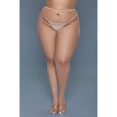 Front view of nude queen fishnet pantyhose with elastic waistband and sheer coverage on plus-size model