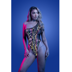 Front view of one-shoulder floral flash-reflective teddy in black with vibrant botanical print