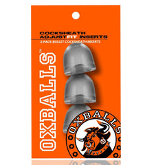 Front of Oxballs branded orange packaging displaying three clear AdjustFit bullet inserts