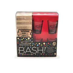 Front packaging of Birthday Bash game showing shot glasses and stacked wooden blocks in box