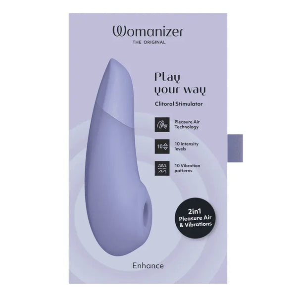 Front panel of Womanizer Enhance packaging highlighting 2-in-1 Pleasure Air and vibration features