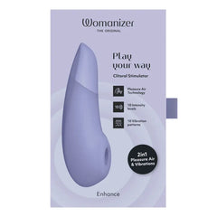 Front panel of Womanizer Enhance packaging highlighting 2-in-1 Pleasure Air and vibration features