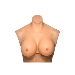 Front view of Perky Pair G-Cup silicone breast form on mannequin torso, ivory tone