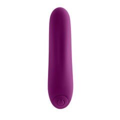 Front view of Playboy Bullet vibrator highlighting circular power button on deep purple silicone base