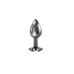 Front view of Playboy Tux Small gunmetal plug highlighting polished tear-drop shape