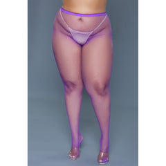 Front view of purple fishnet Up All Night Pantyhose with built-in thong panel, plus-size fit