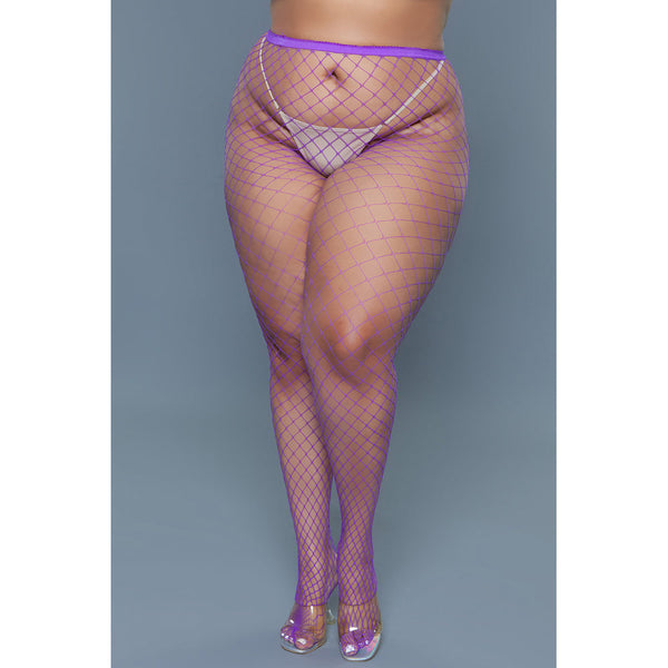 Front view of purple large-diamond fishnet pantyhose with sheer coverage and fitted purple waistband