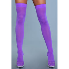 Front view of purple opaque thigh-high stockings with a smooth elastic band at the top