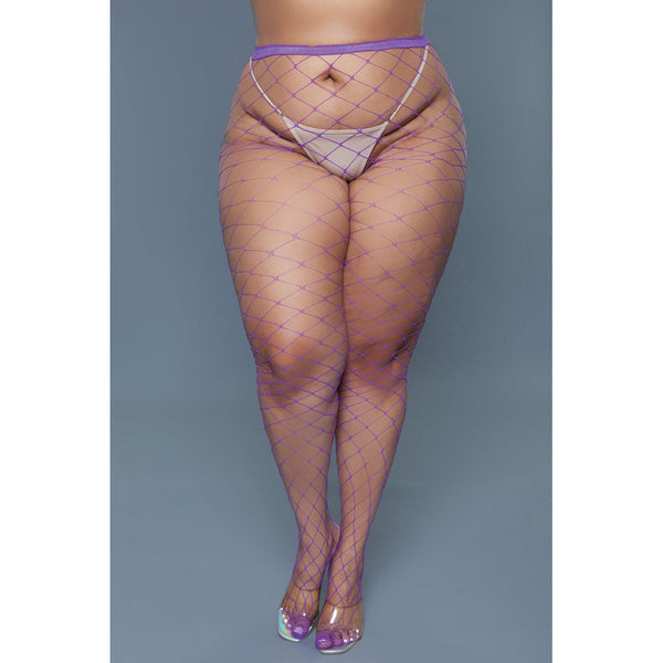 Front view of purple oversized fishnet pantyhose with thong panel and large diamond lattice design
