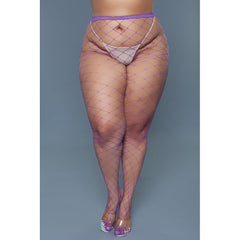 Front view of purple oversized fishnet pantyhose with thong panel and large diamond lattice design
