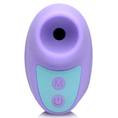 Front view of purple silicone clit stimulator showing circular suction opening and controls