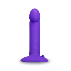 Front view of purple silicone vibrating dildo showing smooth matte finish and suction cup base