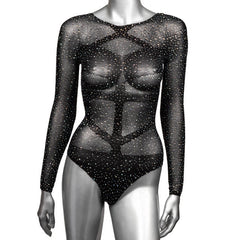 Close-up front view of Radiance bodysuit highlighting opaque panel detailing on sheer mesh fabric