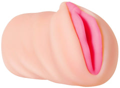 Close-up front view of the realistic pink opening on the flesh-tone vagina stroker