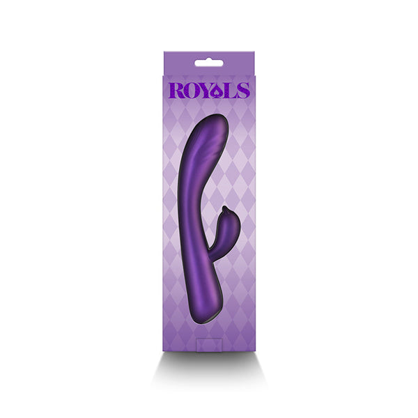 Front view of Royals Duchess purple rabbit vibrator displayed inside its gift-ready box